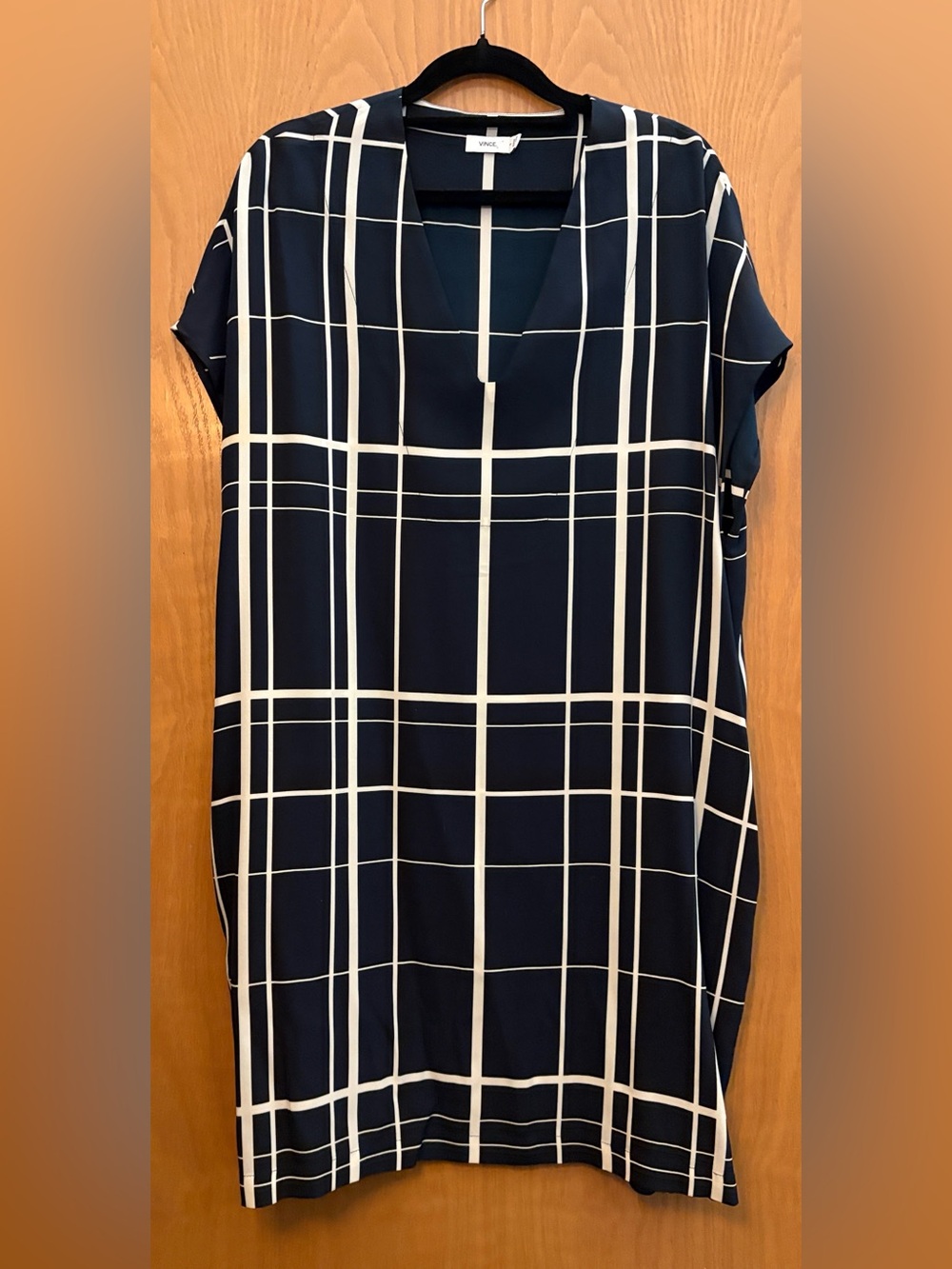 Vince Navy and White Windowpane 100% Silk Midi Dress-S